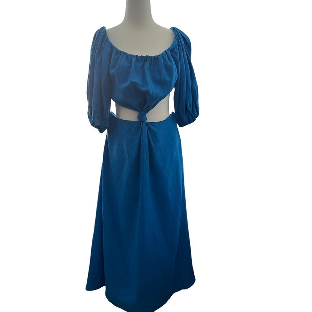Farm Rio Cutout Knot Waist Linen Blend Puff Sleeve Blue Midi Dress Size M - Picture 3 of 14